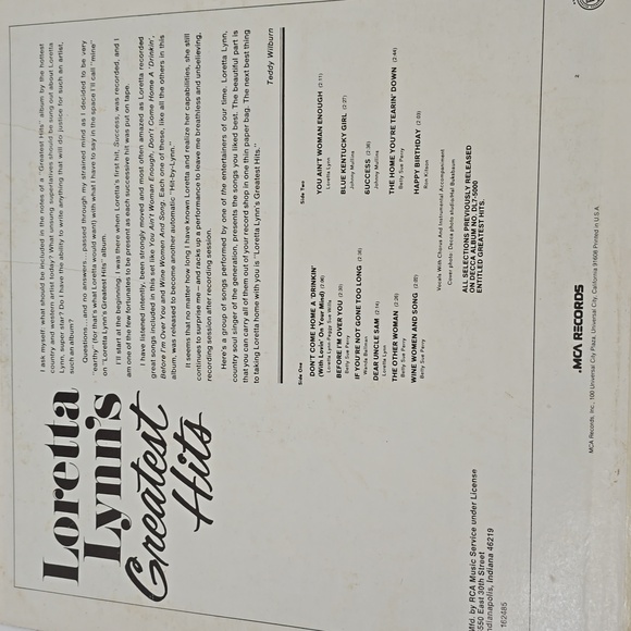 Loretta Lynn's Greatest Hits Vinyl Record Album 1968 MCA Early  Country Hits - Picture 6 of 9